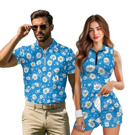 KUIFORTI Matching Golf Shirts for Couple Blue Daisy Matching Couple Sport Shirts Quarter Zip Woman Golf Clothing Set Quick Dry Breathable Fabric for Golf,Tennis,Hiking,Running,Gym