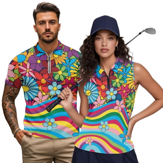 KUIFORTI Matching Golf Shirts for Couple Fit Plain Women Sport Cloth Colorful Boho Flower Golf Tennis Tank Top Racerback Design Golf Shirt Keep Cool in Hot Weather Quick Dry