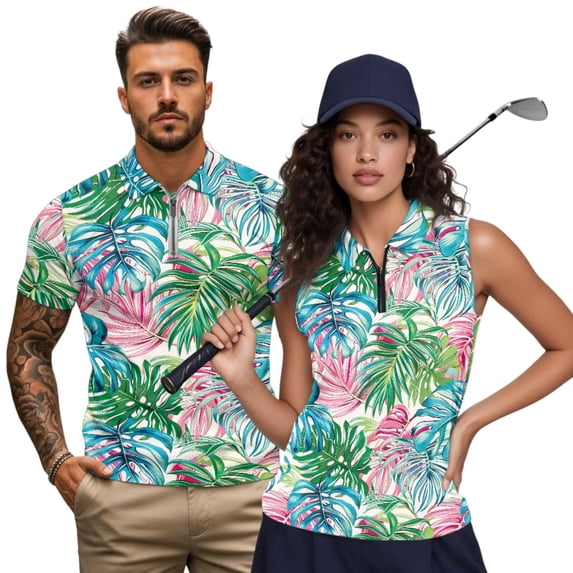 KUIFORTI Matching Golf Shirts for Couple Hawaiian Palm Leaf Moisture Wicking Golf Tank Top for Women Racerback Design Keep Cool in Hot Weather Breathable Fabric Lightweight
