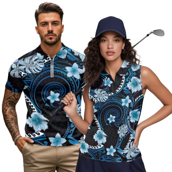 KUIFORTI Matching Golf Shirts for Couple Polynesian Tribal Floral 4-Way Stretch Women Workout Tops Athletic Sleeveless Shirts Lightweight for Golf,Tennis,Hiking,Running,Gym Quick Dry