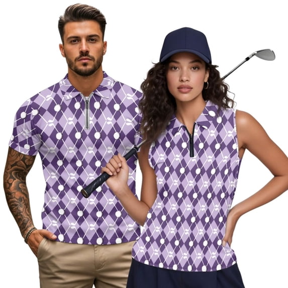 KUIFORTI Matching Golf Shirts for Couple Purple Argyle Quarter Zip Golf Tennis Tank Top Moisture Wicking Breathable Fabric Racerback Design Suitable for Tennis Enthusiasts