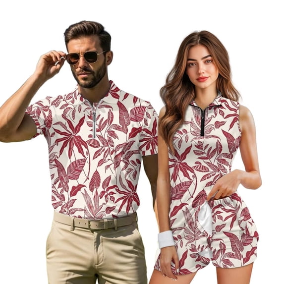 KUIFORTI Matching Golf Shirts for Couple Red Vintage Palm Tree Moisture Wicking Matching Couple Golf Shirts Woman Golf Clothing Set Breathable Fabric for Golf,Tennis,Hiking,Running,Gym