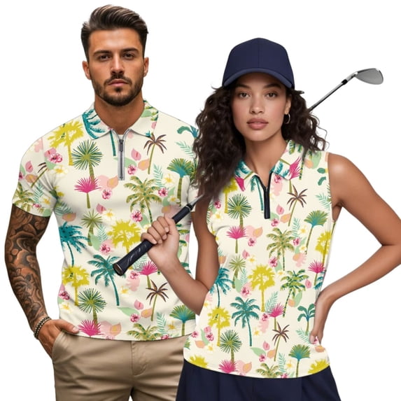 KUIFORTI Matching Golf Shirts for Couple Tropical Palm Tree Racerback Design Golf Tennis Tank Top Soft and Comfortable 4-Way Stretch for Golf,Tennis,Hiking,Running,Gym