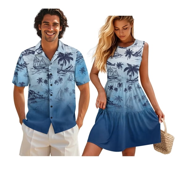 KUIFORTI Matching Hawaiian Outfits for Couples Couple Matching Outfits for Beach Seaside Hawaiian Palm Tree Breathable Womens Summer Dresses Soft and Comfortable