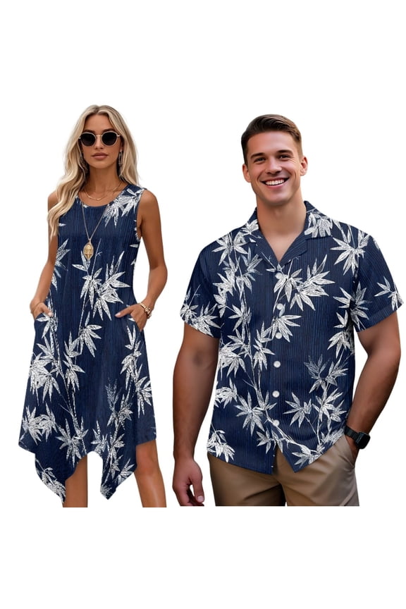 Matching Hawaiian Outfits for Couples Vintage Bamboo Fashionable His and Hers Summer Outfits with Soft Fabric Soft and Comfortable for Summer Vacation Trip