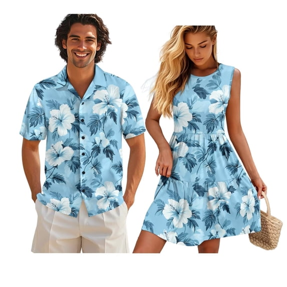KUIFORTI Matching Hawaiian Outfits Loose Cut for Family Womens Summer Dresses Blue Tropical Flower Washable Round Neck for Beach Seaside 4-Way Stretch