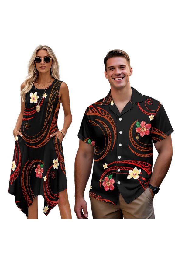 Mens Casual Shirts Hawaii Dress Red Polynesian Tribal Washable Couple Matching Outfits Summer Dress with Pockets for Summer Vacation Trip Soft and Comfortable