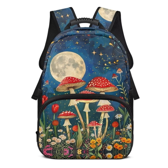 KUIFORTI Mushroom Moon Print Kids Backpack 17 Inch Large Capacity School Bag with Side Pockets for Elementary Primary Middle Back to School Essentials Gifts