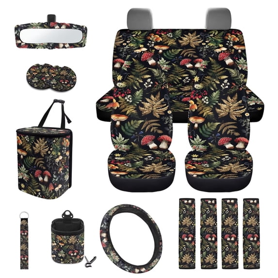 KUIFORTI Mushroom Print Car Seat Covers Elastic Fabrics Set of 15 Full Set Car Accessories Car Steering Wheel Cover Soft Non Slip Universal Fit for Vehicles,Cars,Suvs,Vans,Sedans
