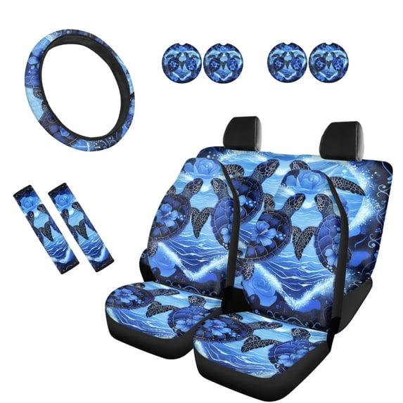 KUIFORTI Ocean Turtle Pattern Car Seat Covers Full Set 11 Piece Car Seat Cover Steering Wheel Cover Seat Belt Pads Cover Cup Coasters Automotive Interior Accessories for Most Cars