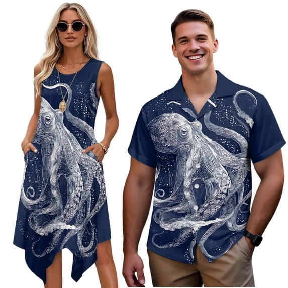 KUIFORTI Octopus Matching Couple Outfits 4-Way Stretch Husband and Wife Clothing Men’s Hawaiian Shirt for Romantic Date Fashionable Lightweight Quick-dry