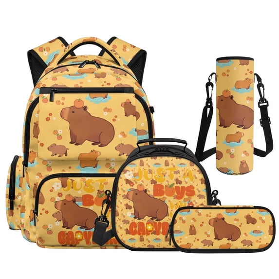 KUIFORTI Orange Capybara Backpack with Lunch Box for Girls, 4Pcs Kids School Bag Set with Pencil Pouch Water Bottle Sleeve, Bright Fashion Bookbag for Elementary Primary Middle School