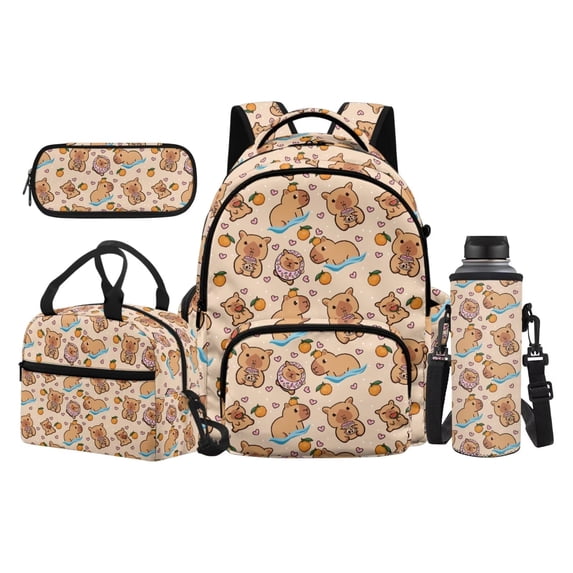 KUIFORTI Orange Capybara Bookbag with Lunch Box for Teens Elementary Middle School Daily Use Set of 4 Durable with Pencil Bags Water Bottle Sleeve Kids School Backpack