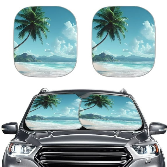 KUIFORTI Palm Tree Beach Windshield Sun Shade 2-Piece Foldable Car Front Window Sunshade for Most Sedans SUV Truck,Auto Sun Blocker Visor Protector Keeps Your Vehicle Cool