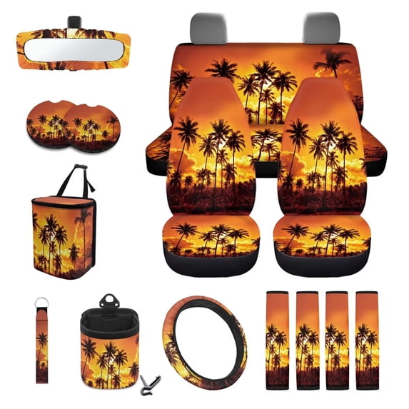 KUIFORTI Palm Tree Car Seat Covers Full Set with Steering Wheel Cover and Seat Belt Covers, Coasters, Rear View Mirror Cover, Car Air Vent Storage Box, Car Garbage Bag, Keychain Wrist Strap, 15 Pack