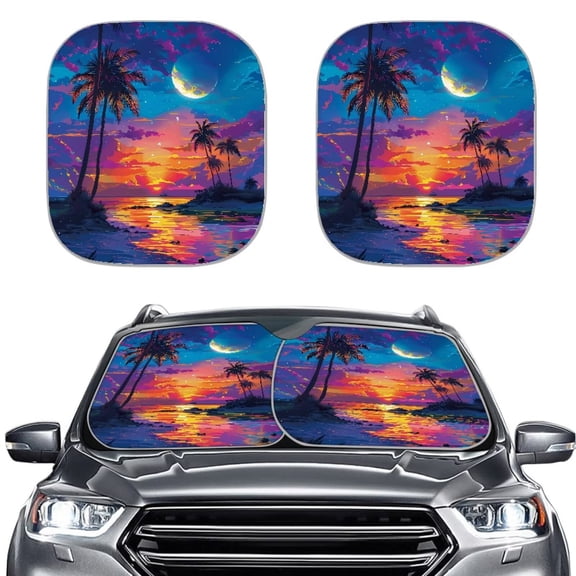KUIFORTI Palm Tree Car Windshield Sun Shade Foldable UV Ray Sun Visor Protector Reflective Fabric Sunshades to Keep Your Vehicle Coo, Tropical Sunset Beach Ocean