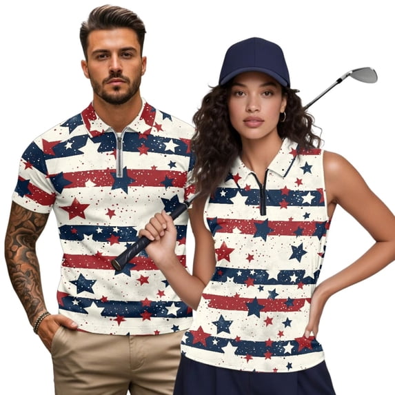 KUIFORTI Patriotic Star Matching Golf Shirts for Couple Racerback Design Golf Tennis Tank Top Soft and Comfortable 4-Way Stretch for Golf,Tennis,Hiking,Running,Gym