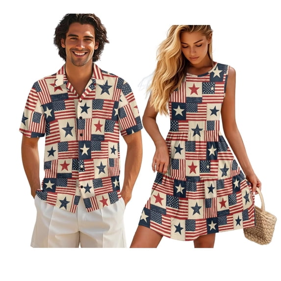 KUIFORTI Patriotic Star His and Hers Matching Outfits Lightweight Couple Matching Outfits with Soft Fabric Men’s Hawaiian Shirt Fashionable Quick-dry Gifts for Couples