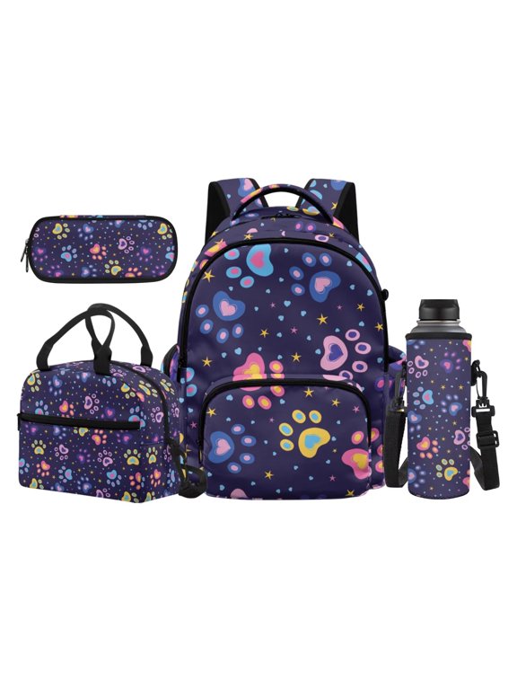 Paw Print Boys School Bag Set 4 piece with Lunch Box Pencil Case Water Bottle Sleeve for Students Elementary School Back to School Essentials Gifts