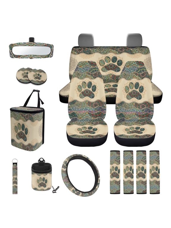 Paw Print Car Seat Covers Easy Installation 15 Pieces Aotumotive Interior Sets Car Steering Wheel Cover Breathable Comfortable Fit Most Cars, Truck, Suv, or Van