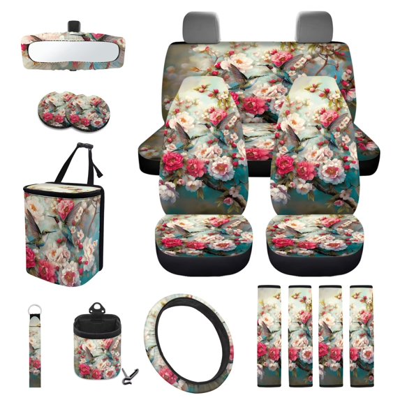 KUIFORTI Peony Print Car Seat Cover Set Wear-Resistant 15 Pack Automotive Front Seat & Bench Back Seat Cover Comfortable Breathable All-Season Protection for Truck SUV