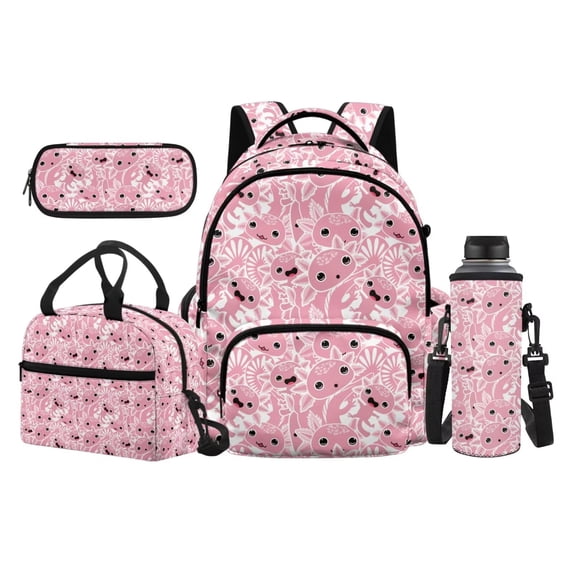 KUIFORTI Pink Axolotl Backpack with Lunchbox Set 4Pcs Lightweight Girls School Bag with Pencil Pouch Water Bottle Sleeve for Teens Elementary Middle School Daily Use