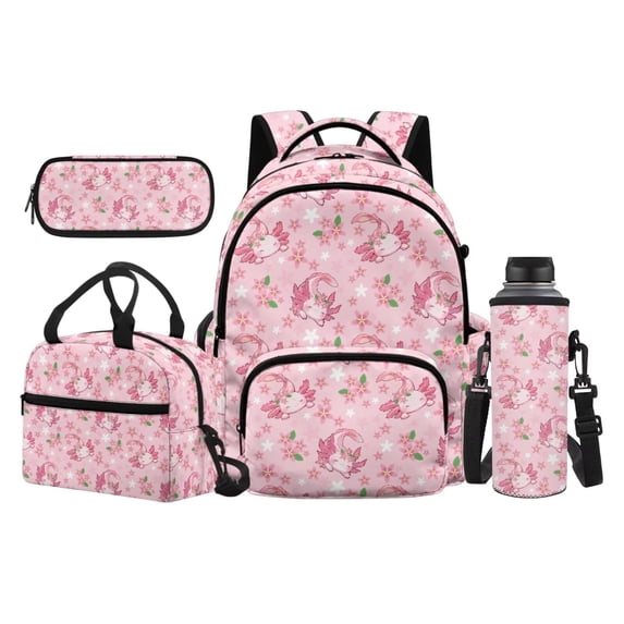 KUIFORTI Pink Axolotl Bookbag and Lunchbox Set 4 piece Boys Kids Backpack with Pencil Bags Water Bottle Sleeve for Teens Elementary Middle School