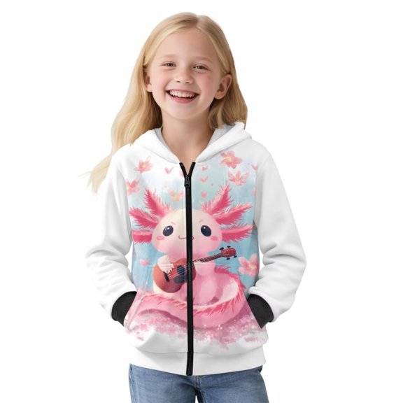 KUIFORTI Pink Axolotl Girls Crewneck Sweatshirt Fleece-Lined Soft Active Performance Zip Up Hoodies for Girls Breathable Outwear with Pockets for Outdoor Activity