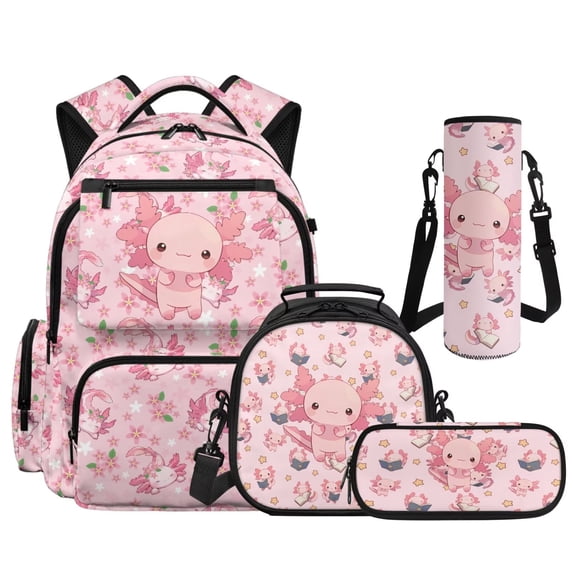 KUIFORTI Pink Axolotl Kids Backpack Set with Lunch Bag, 4Pcs Elementary School Bag for Girls, Adorable Bookbag with Pencil Case & Water Bottle Sleeve for Back to School Essentials Gifts