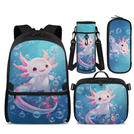 KUIFORTI Pink Axolotl School Bag with Lunch Bag, 4 Piece Kids Backpack Set for Girls Elementary Middle School, Fashion Bookbag with Pencil Pouch Water Bottle Sleeve Back to School Essentials