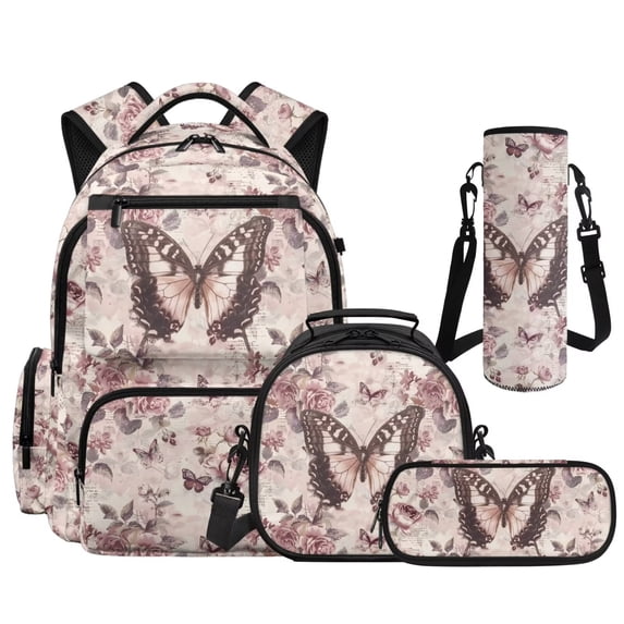 KUIFORTI Pink Butterfly Bookbag with Lunch Box 4Pcs Girls School Bag Set for Elementary Middle School Kids Backpack with Pencil Pouch Water Bottle Sleeve Back to School Supplies