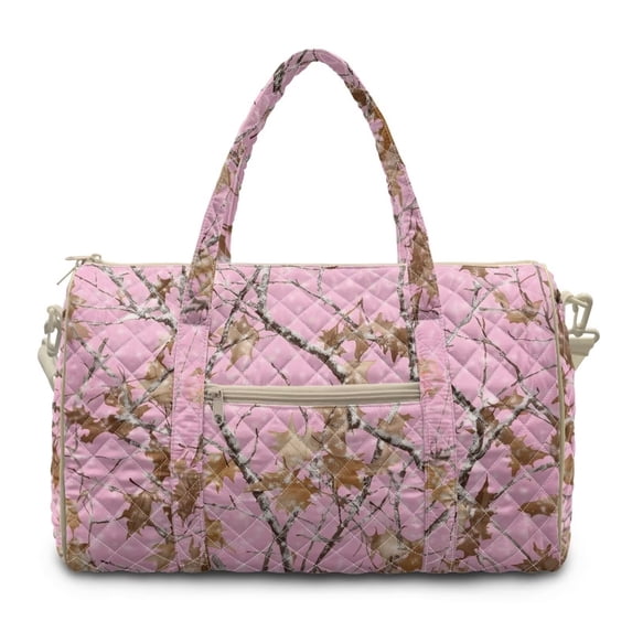 KUIFORTI Pink Camo Quilted Duffle Bags for Travel Washable Casual Workout Duffle Bag with Soft Handle and Crossbody Strap for Gym, Yoga, Weekend
