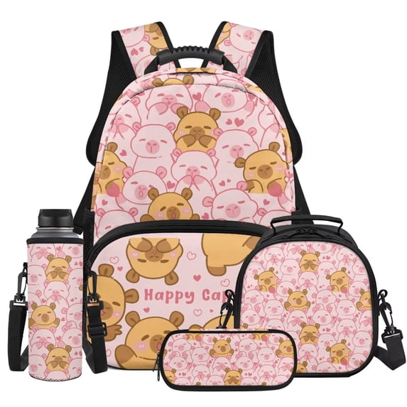KUIFORTI Pink Capybara Kids Backpack and Lunch Bag Set 4Pcs with Pencil Pouch Water Bottle Sleeve for Elementary Middle School Boys Girls Students Back to School Gifts Supplies