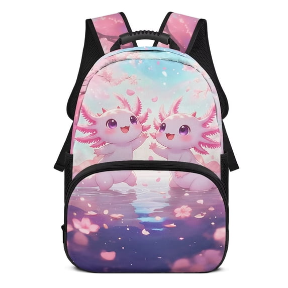KUIFORTI Pink Cherry Blossom Axolotl Kids Backpack Polyester School Bag with Multiple Organizer Pockets for Elementary Middle Girls Back to School Essentials Gifts