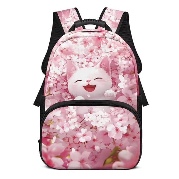 KUIFORTI Pink Cherry Blossom Smiling Cat Kids Backpack 17 Inch Large Capacity Kids School Bag for Elementary Middle Students Back to School Gifts for Children