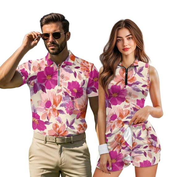 KUIFORTI Pink Flower Matching Couple Golf Shirts Quarter Zip Matching Couple Sport Shirts Woman Golf Tennis Dress with Pocket Built in Shorts for Golf,Tennis,Hiking,Running,Gym