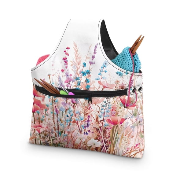 KUIFORTI Pink Flower Yarn Bag Tote Knitting Accessories for Women Crochet Bag Organizer Yarn Bags for Crocheting on The Go, Large Size