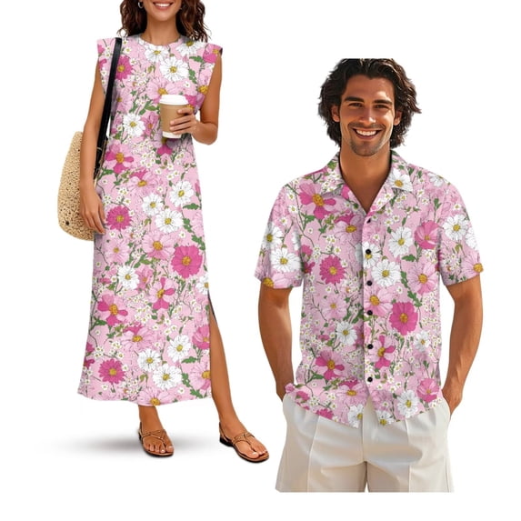 KUIFORTI Pink Flowers Couple Matching Outfits Spring Lightweight His and Hers Matching Outfits Vacation Womens Summer Dresses Round Neck with Pockets Quick-dry