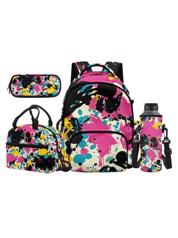 Pink Kids Backpack Set 4Pcs Girls School Supplies with Lunch Box Pencil Pouch Water Bottle Sleeve for Elementary Middle School Daily Use