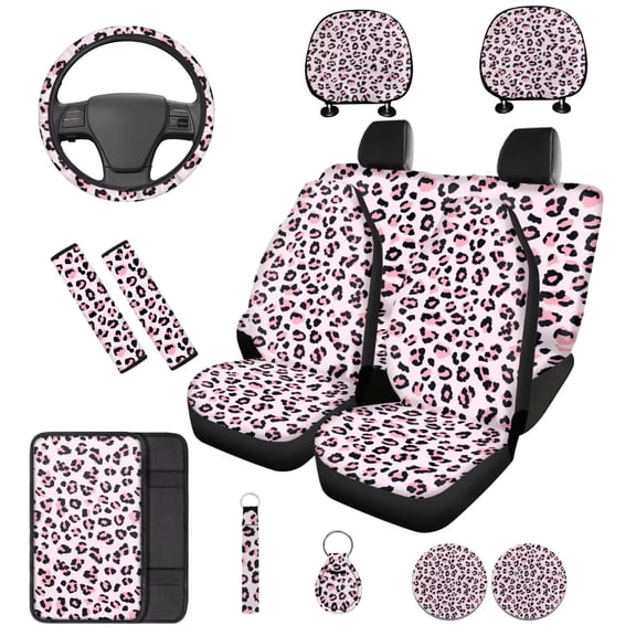 KUIFORTI Pink Leopard Print 14 Pcs Seat Covers for Car Auto Center Console Armrest Pad Steering Wheel Cover Wristlet Keychain Car Interior Automotive Fits Most Cars, Sedans, SUVs