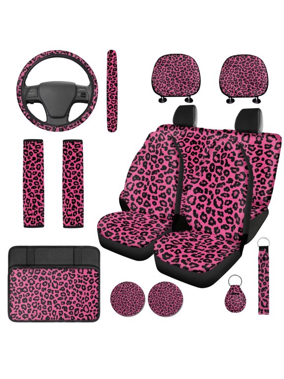 Pink Leopard Print Car Seat Covers Easy to Install 14 Pack Aotumotive Interior Sets Auto Seat Belt Cover Elastic Fabrics Breathable Universal fit for SUV,Van,Saden,Truck