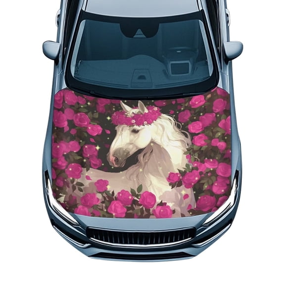 KUIFORTI Pink Rose White Unicorn Print Car Hood Cover, Stretchable Fade-Resistant Vehicles Decorate Engine, Easy Install Auto Hood Decal Fits Most Sedans SUVs Trucks Pickups