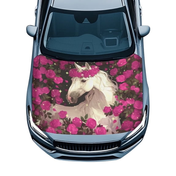 KUIFORTI Pink Rose White Unicorn Print Car Hood Cover, Stretchable Fade-Resistant Vehicles Decorate Engine, Easy Install Auto Hood Decal Fits Most Sedans SUVs Trucks Pickups
