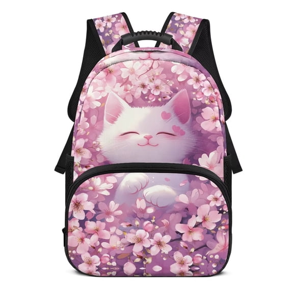 KUIFORTI Pink Sakura Cat Children's Backpack 17 Inch Fashion Bookbag for Girls with Side Pockets Adjustable Straps Suitable for Elementary Middle School Back to School Gifts