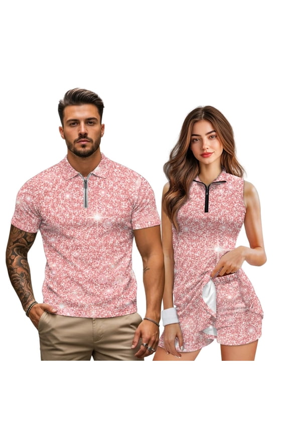 Pink Sequin Print Matching Couple Golf Outfits His and Hers Quarter Zip Stand Collar Sport Wear for Golf Tennis Casual Summer Vacation Mr and Mrs Gifts