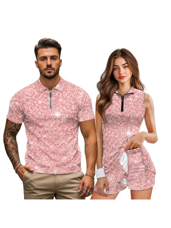 Pink Sequin Print Matching Couple Golf Outfits His and Hers Quarter Zip Stand Collar Sport Wear for Golf Tennis Casual Summer Vacation Mr and Mrs Gifts