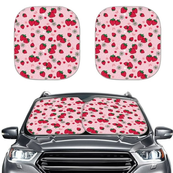 KUIFORTI Pink Windshield Sun Shade Foldable Sunshade, Cute Strawberry Car Window Covers for Sun, Heat and UV Rays, 2 Pack Sunshade for Car Front Window and Interior Sun Protection