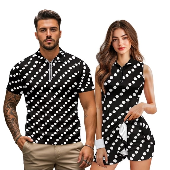 KUIFORTI Polka Dot Matching Golf Outfits for Couples, Quarter Zip Stand Collar His and Hers Golf Shirts & Women's Tennis Dress Set, Moisture Wicking Quick Dry Casual Sport Wear for Summer Vacation