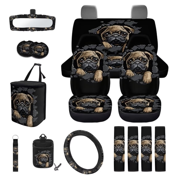 KUIFORTI Pug Dog Car Seat Cover+Rear View Mirror Cover+Steering Wheel Cover+Seat Belt Pads+Keychain+Auto Air Vent Storage Box+Coaster+Car Trash Can, Black Car Accessories Set of 15, Stretch Universal