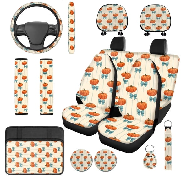 KUIFORTI Pumpkin Bow Car Seat Full Set All-Season Protection 14 Pieces Automotive Front Seat & Bench Back Seat Cover with Car Seat Belt Cover Suitable for Cars, SUV and Trucks Soft